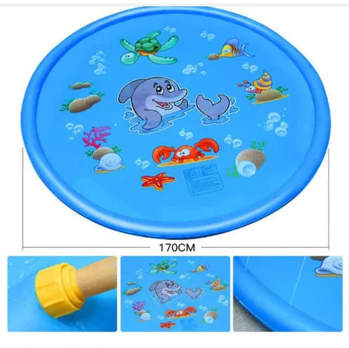 Blue PVC children's water spray play mat with marine animal print, shown on grass.