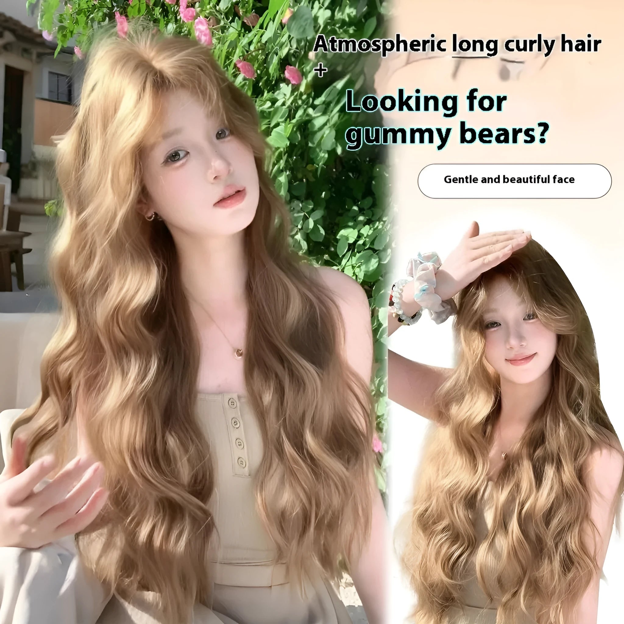 Linen brown medium length curly synthetic wig with hair net