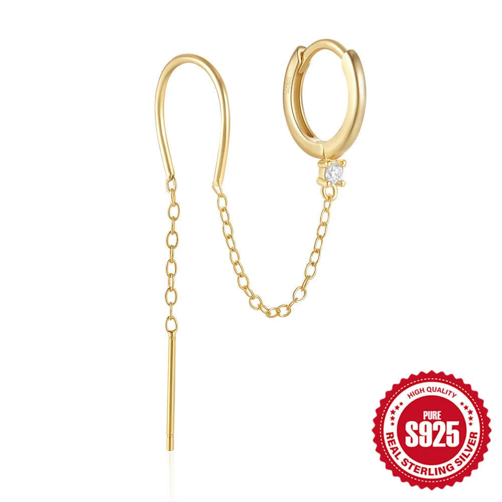 S925 sterling silver geometric ear clip studs with a diamond flower and tassel chain design in a gold electroplated finish.