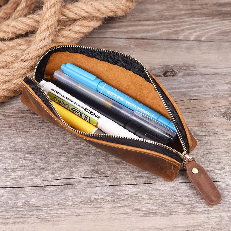 Handmade cowhide leather pencil case with zipper in square 18cm design