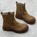 Round toe women's leather boots in black, first layer cowhide upper, side zipper, mid heel, middle calf shaft