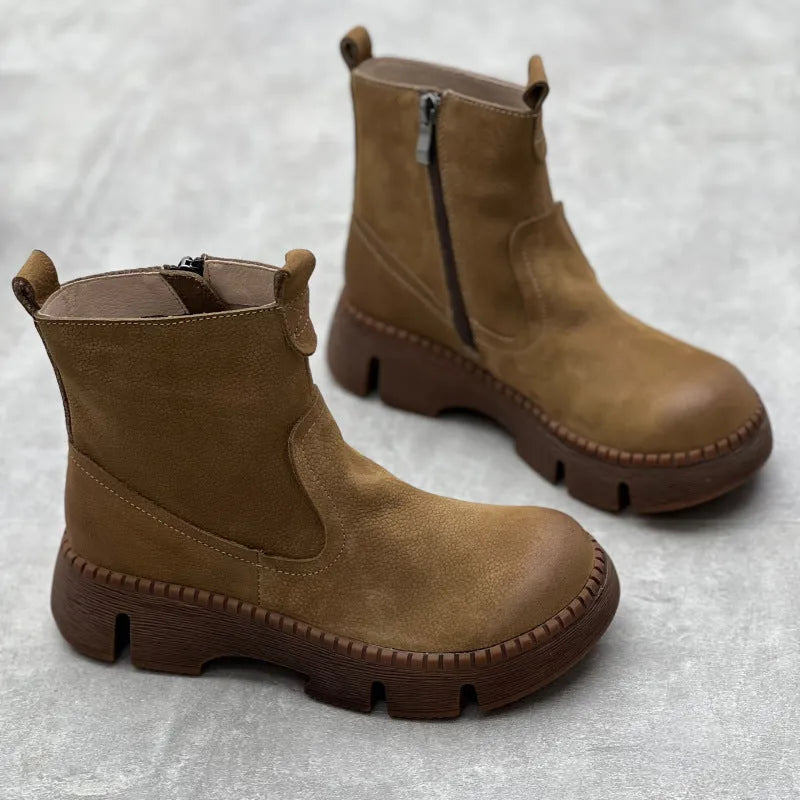 Round toe women's leather boots in black, first layer cowhide upper, side zipper, mid heel, middle calf shaft