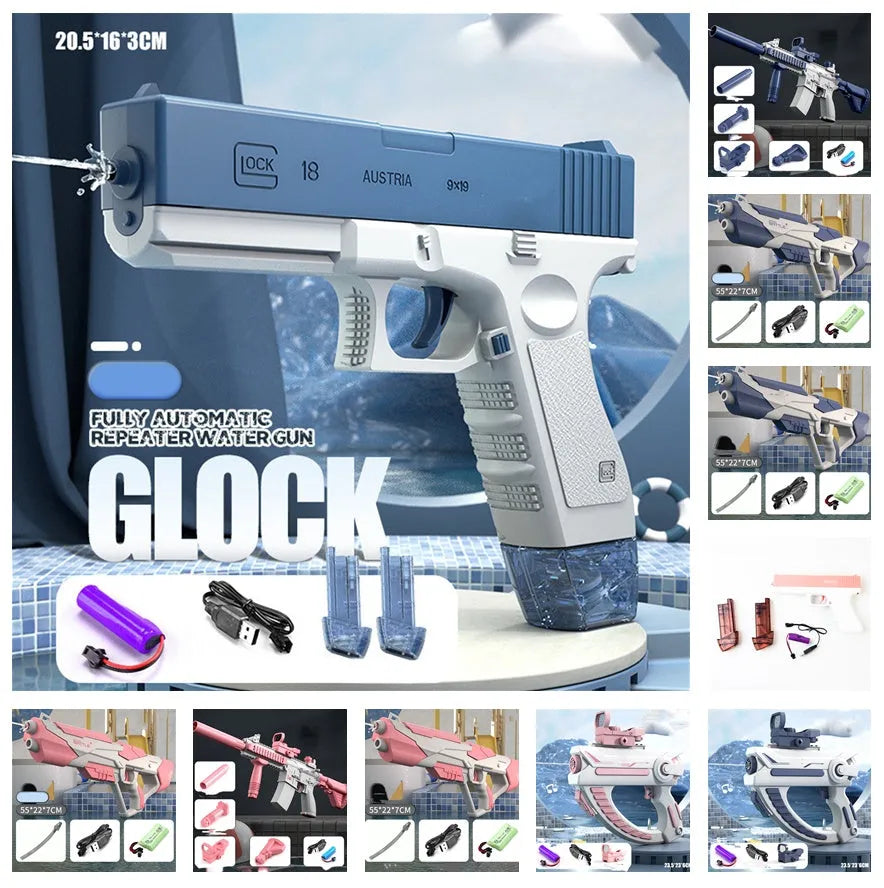 Blue electric water gun with USB charging cable and automatic straw