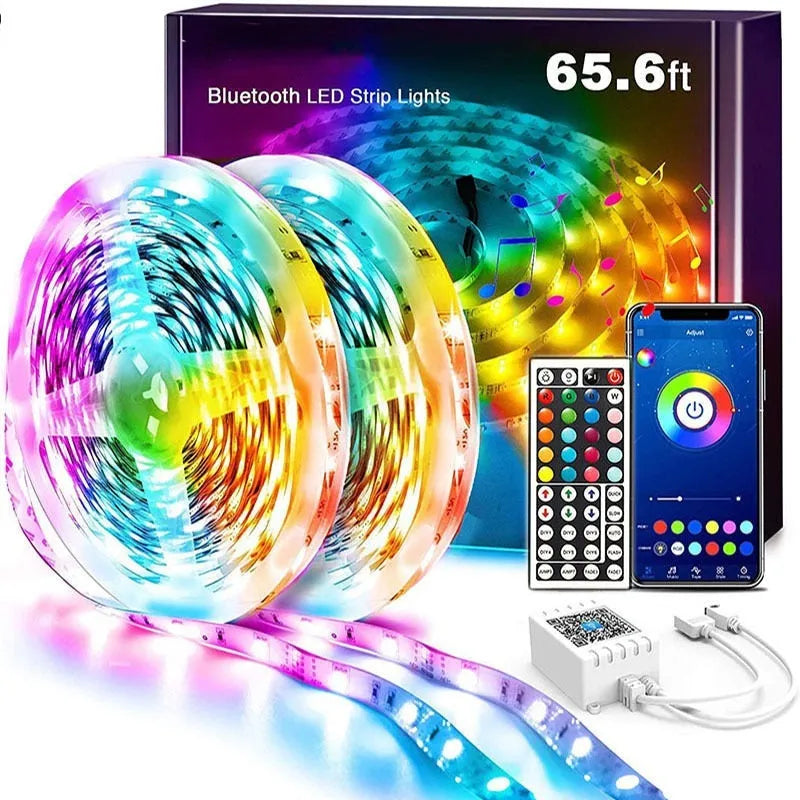 RGB LED light strip with Bluetooth controller and remote, showing colourful illumination