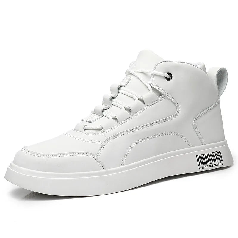 Men's white mid-top lace-up casual trainers with round toe and rubber sole.