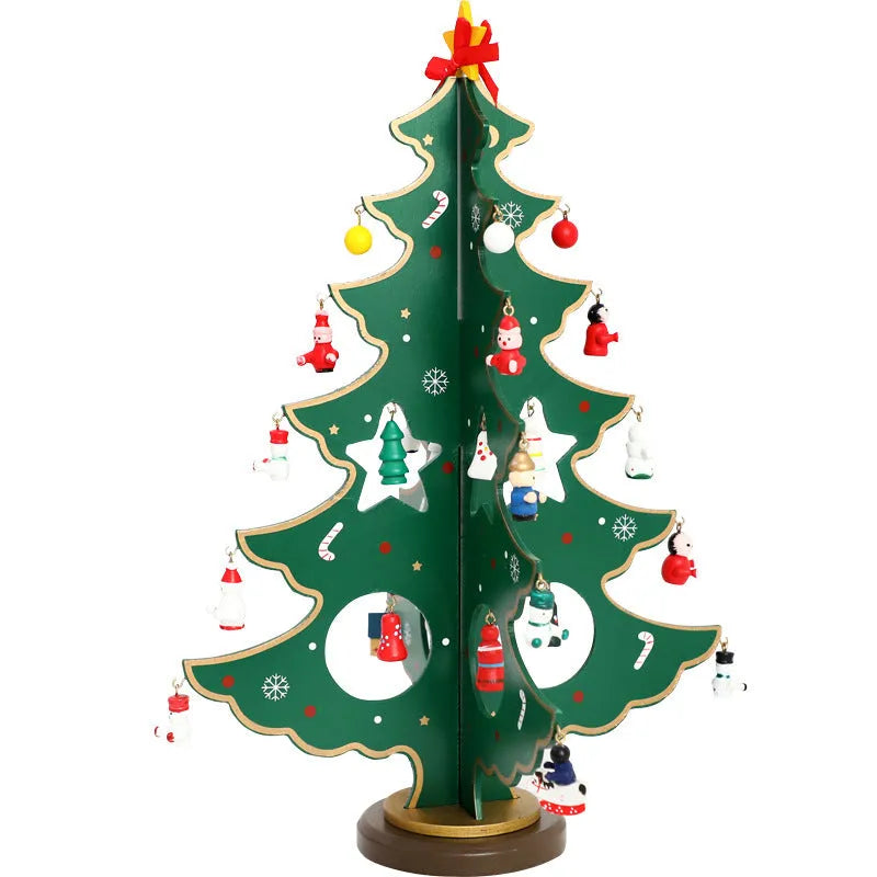 Hand-painted wooden Christmas tree desktop decoration in red and green colours