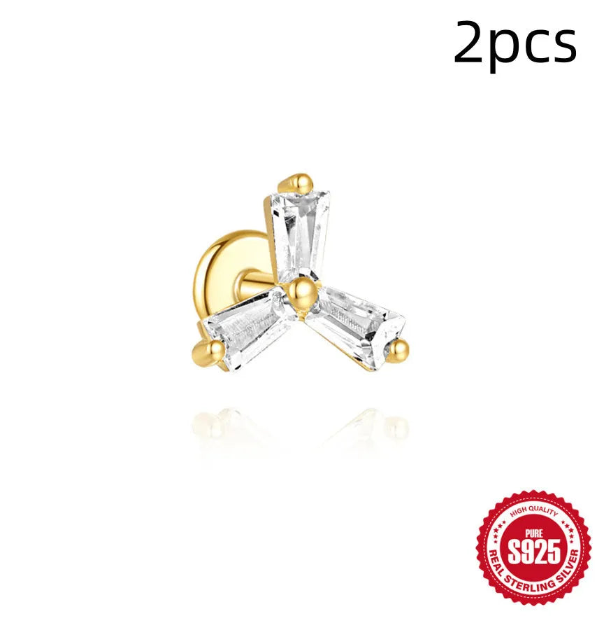 S925 sterling silver stud earrings with zircon stones and chain design for double piercing in golden colour