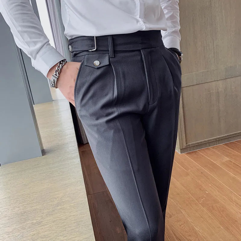 Men's straight-leg casual trousers in a solid colour, shown in a neutral grey shade on a hanger.