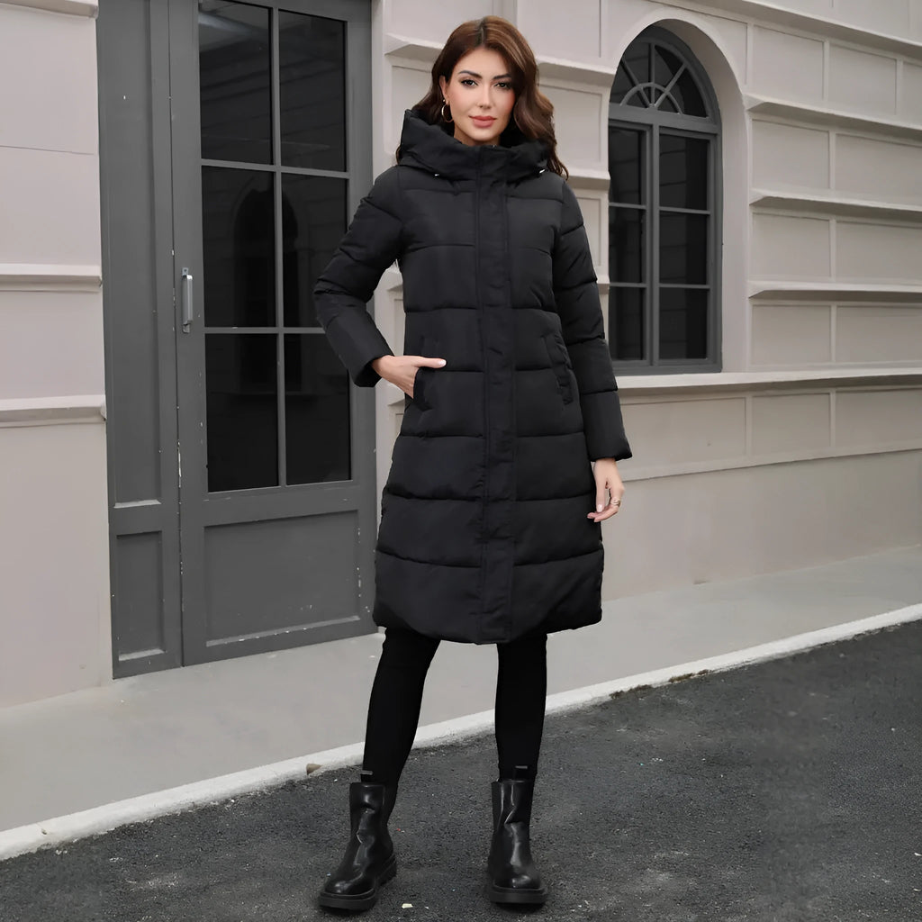 Black men's hooded slim-fit long jacket made of thickened polyester fabric.