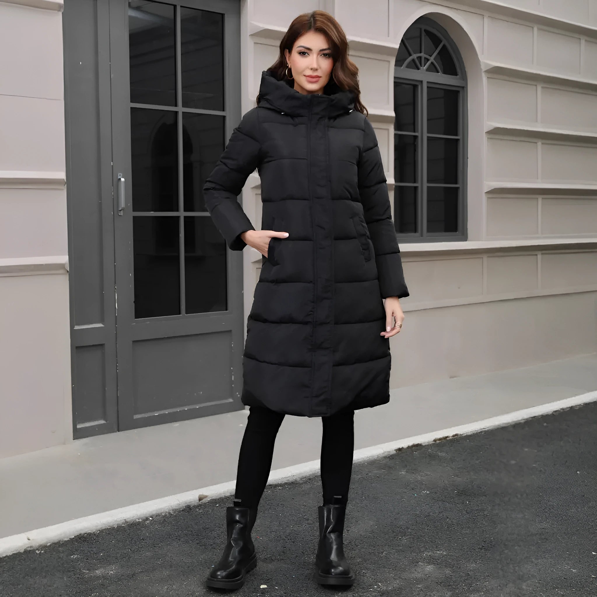 Black men's hooded slim-fit long jacket made of thickened polyester fabric.