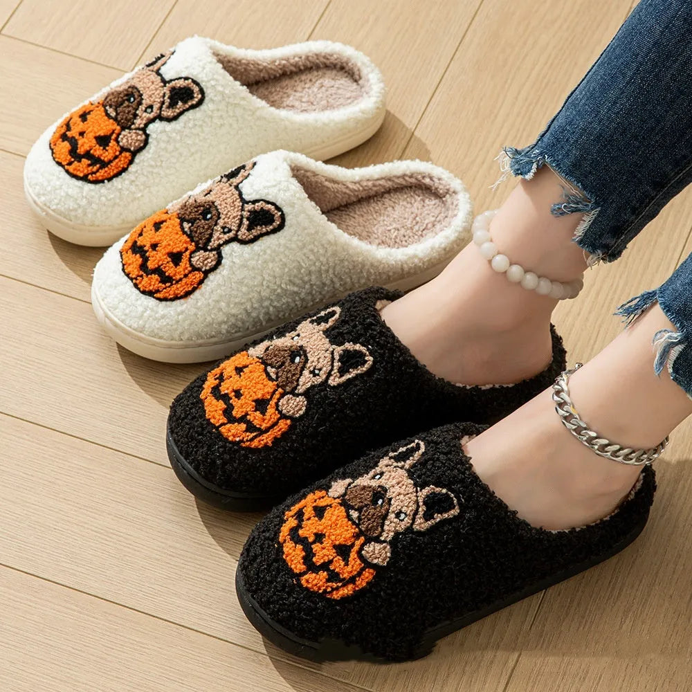 Halloween pumpkin pattern slippers with plush velvet cotton upper and TPR rubber soles