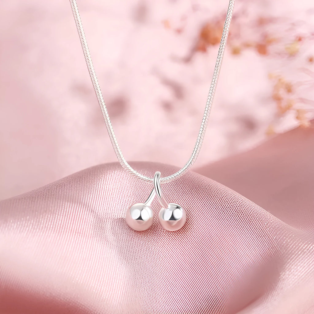 Silver cherry necklace for women with adjustable snake bone chain and fruit-shaped pendant