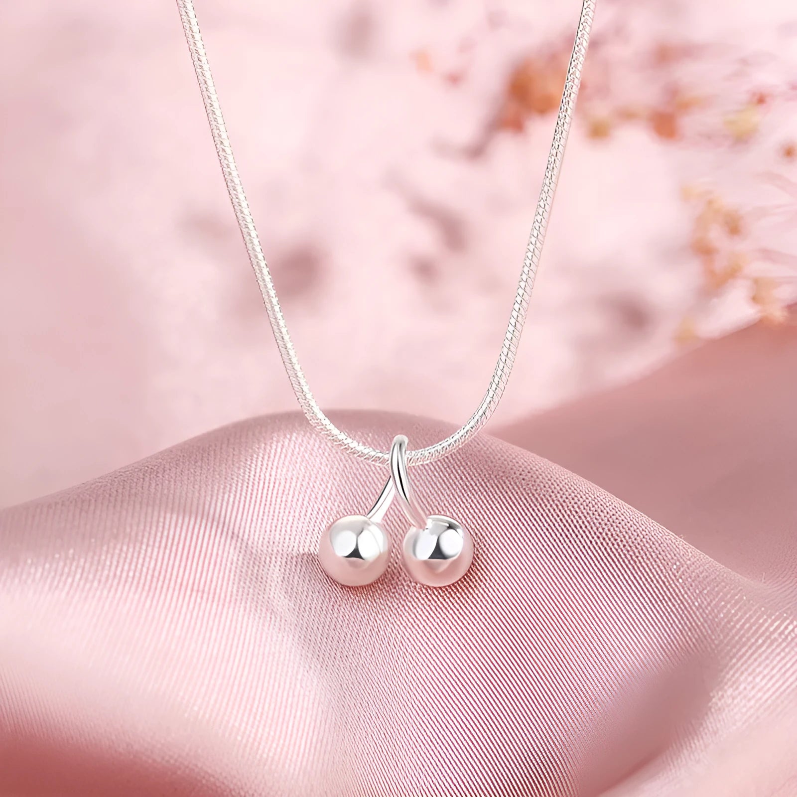 Silver cherry necklace for women with adjustable snake bone chain and fruit-shaped pendant