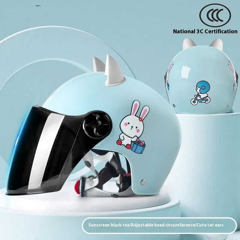 3C certified children's helmet with cat ear design, Blue Bunny colour, ABS shell