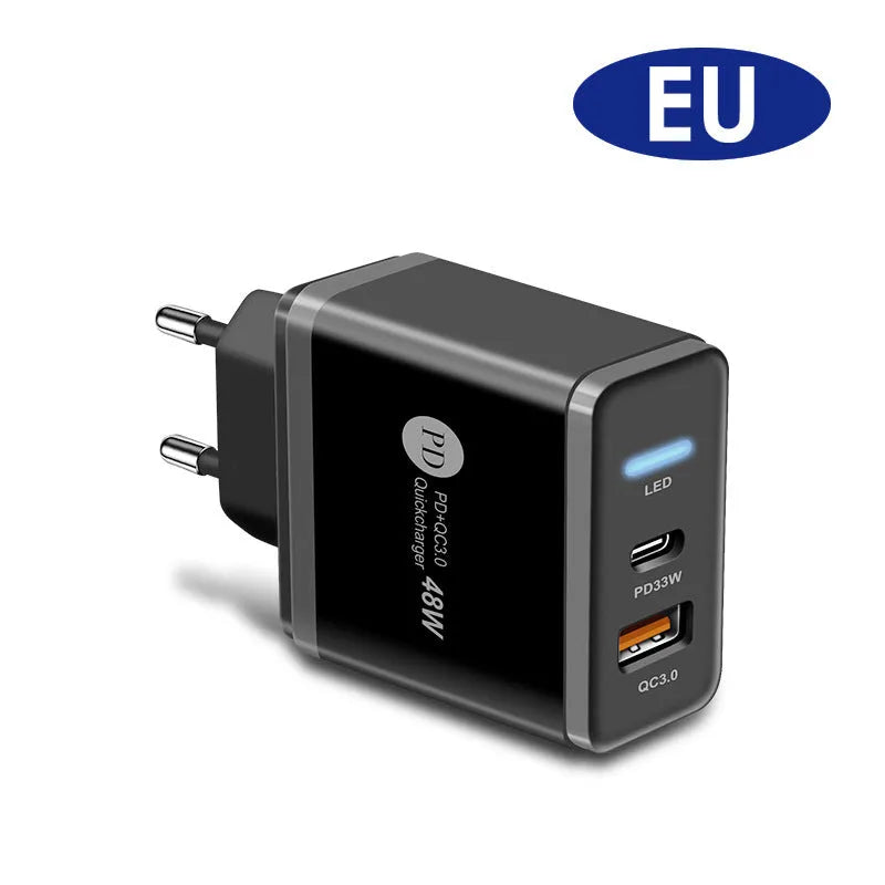 PD48W fast travel charger with UK three-pin plug in black or white colour, showing type-C USB port