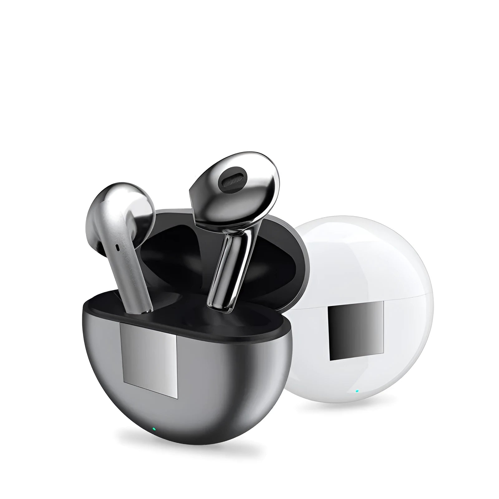 White Budz5 wireless Bluetooth earphones with charging case on a table