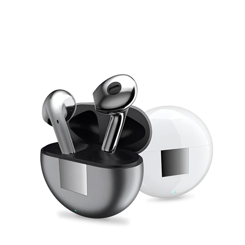 White Budz5 wireless Bluetooth earphones with charging case on a table