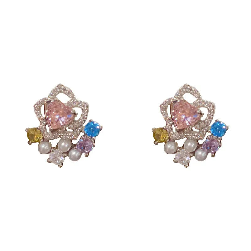 Full diamond silver petal stud earrings with real gold plating on copper, flower shape, in khaki colour