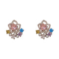 Full diamond silver petal stud earrings with real gold plating on copper, flower shape, in khaki colour