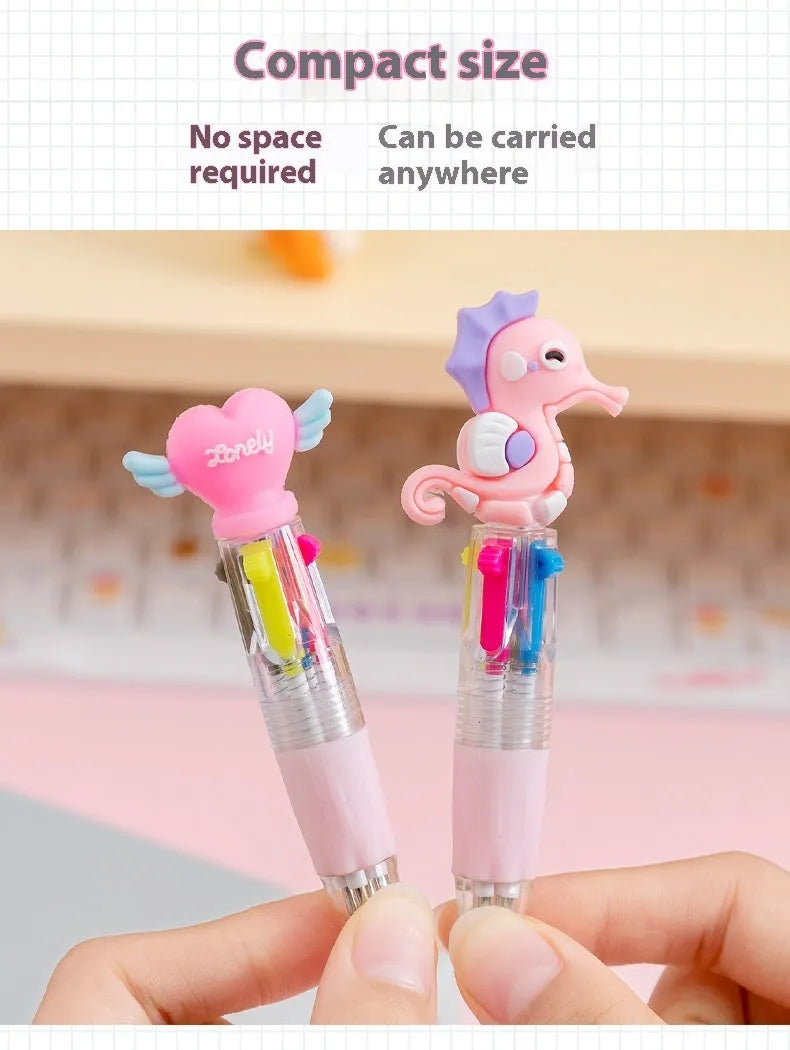 Cartoon print press ballpoint pen showing four-colour design options including cactus, fast food, and heart wings.