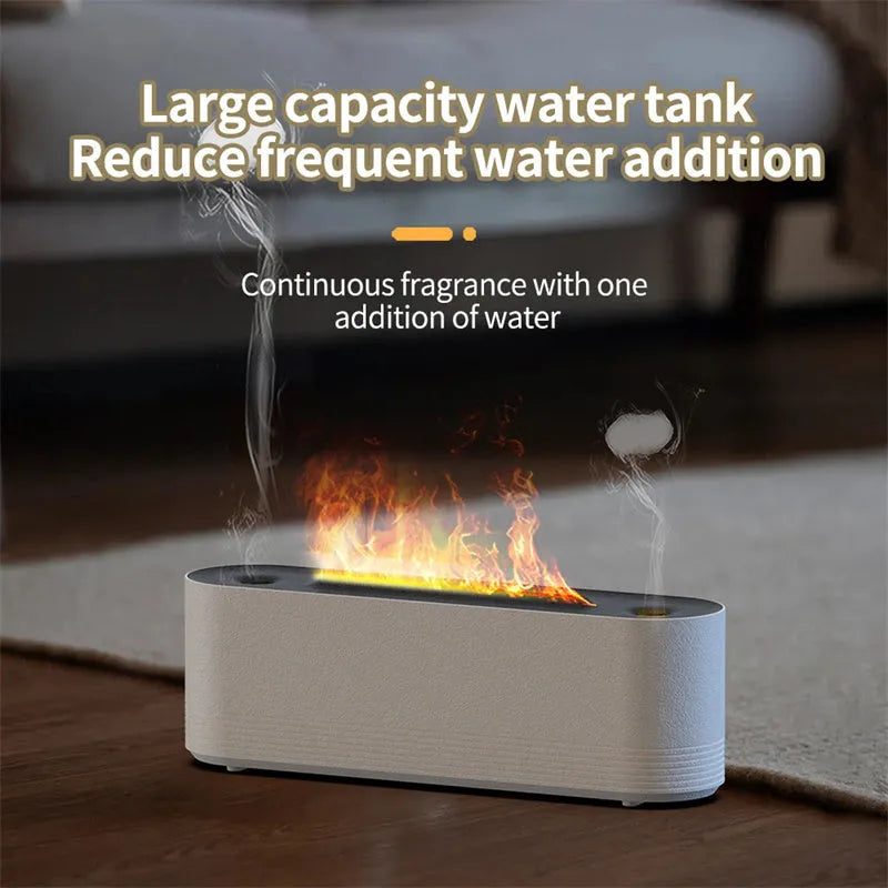 Black ultrasonic humidifier with LED flame lighting and water mist emission
