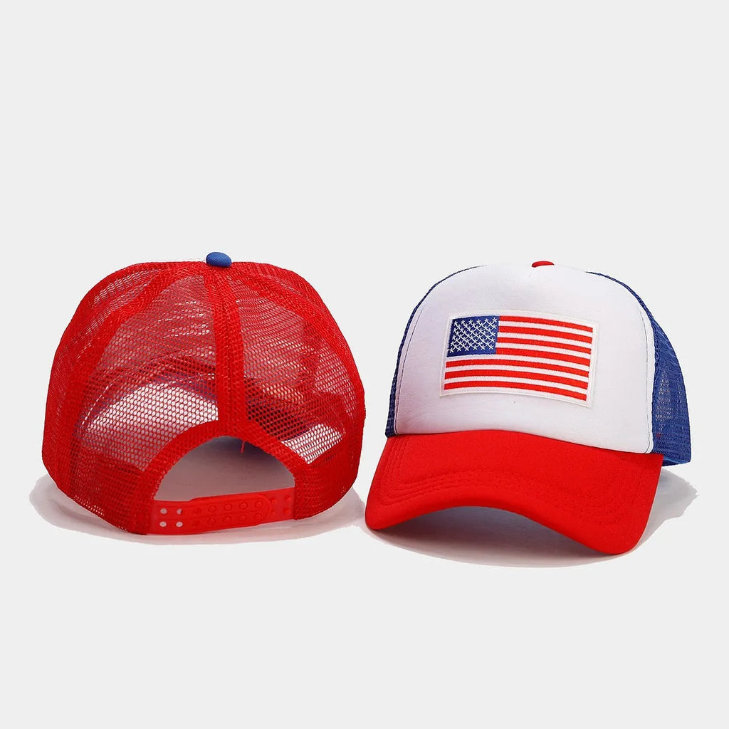 Red and blue mesh baseball cap with adjustable strap and dome crown design