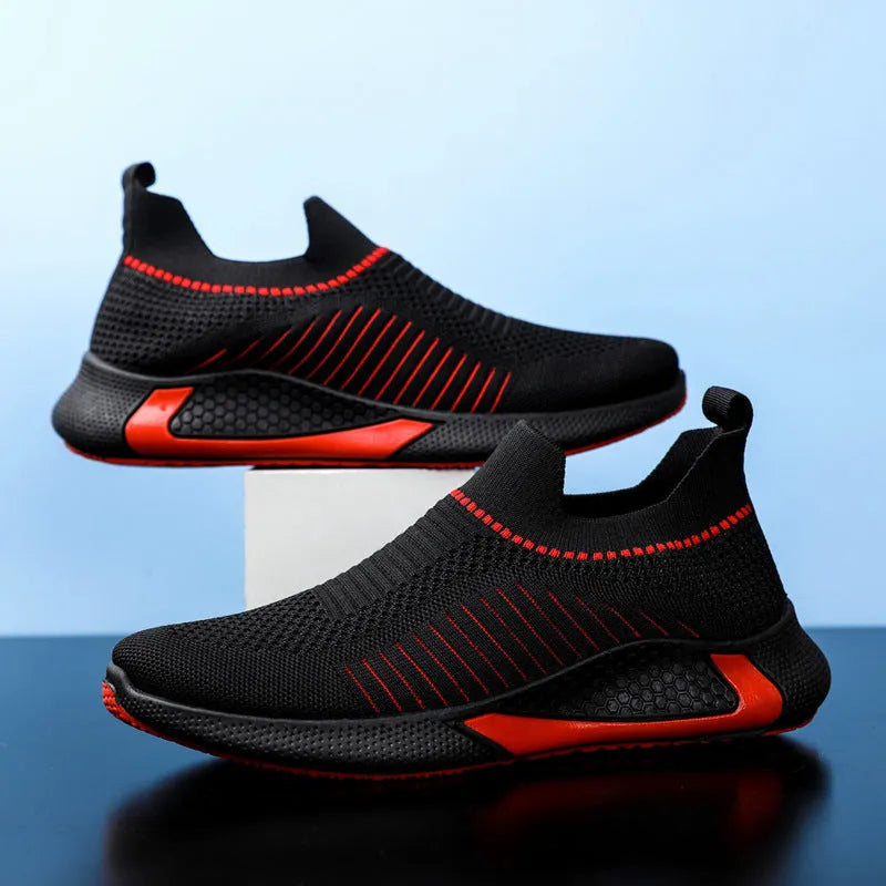 Men's mesh sock shoes with Flyknit upper and striped design in black, black white, and white colour options