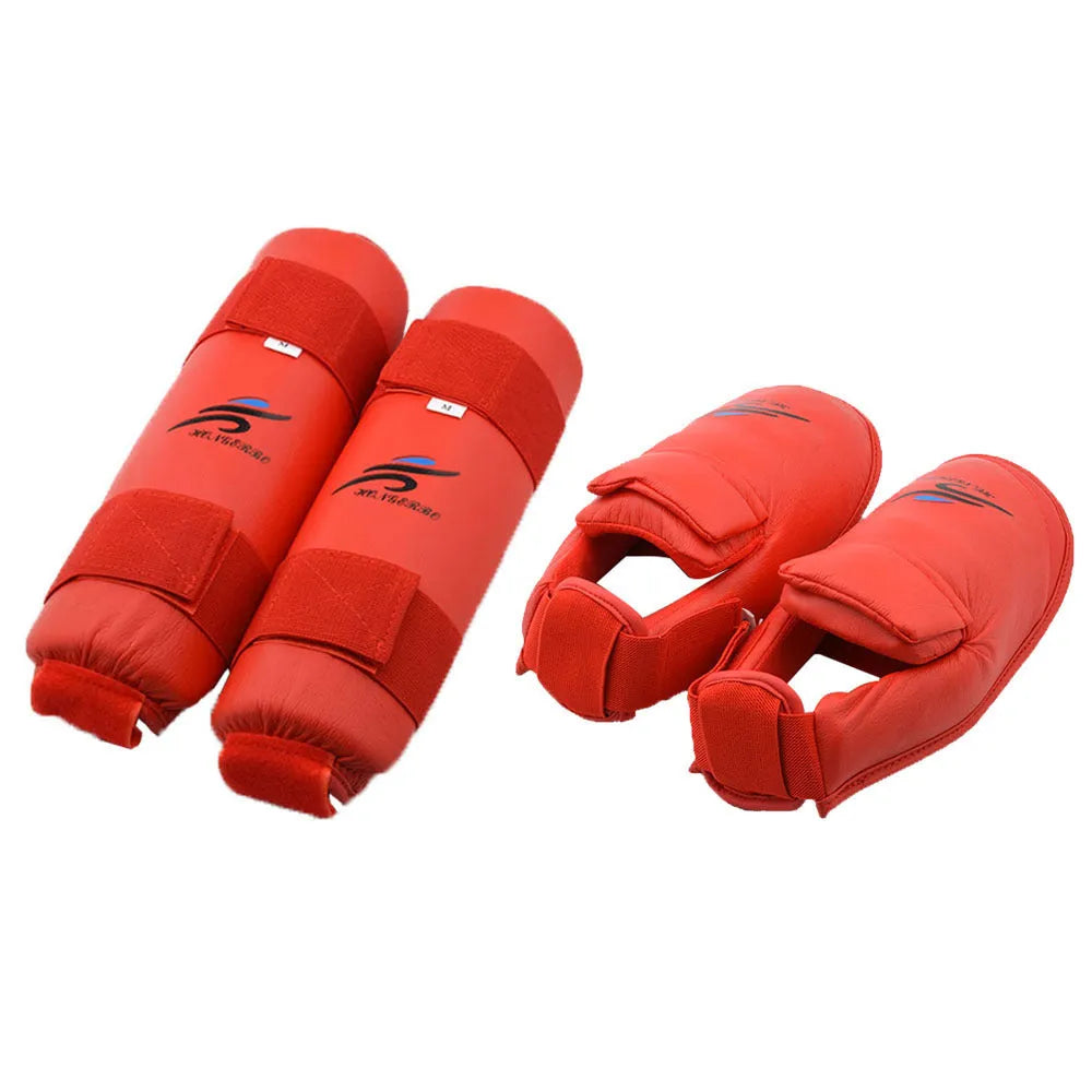 Red and blue karate protective gear set showing a helmet and leg guards made of PU material.