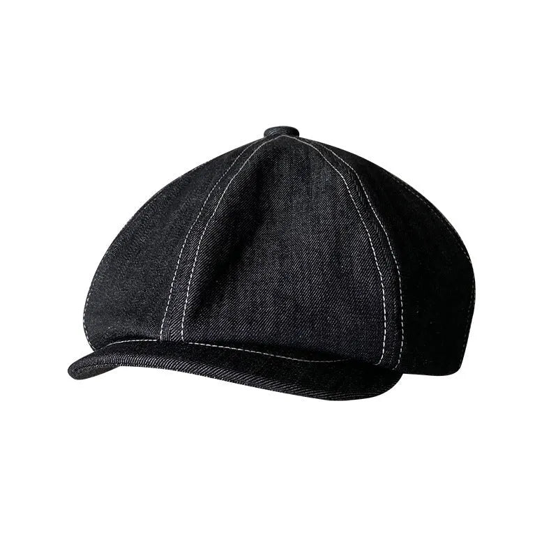 Black Japanese denim cotton beret with octagonal flat cap design
