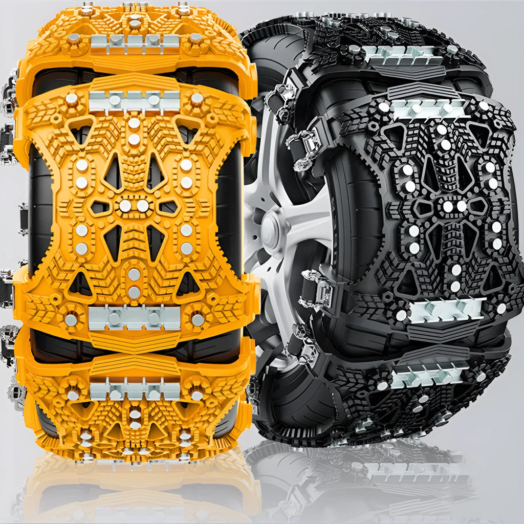 Universal car and SUV anti-skid chain with steel plates, snow shovel, and tools in black or yellow.