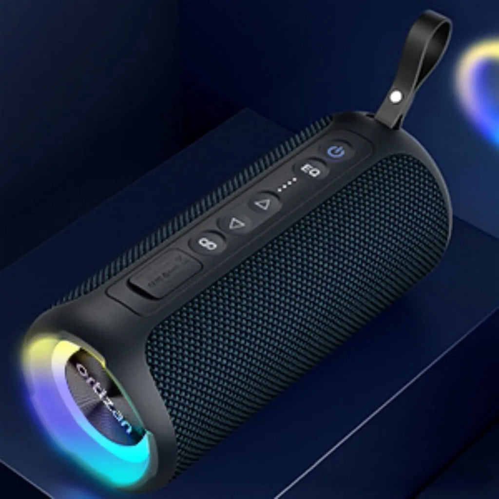 Black and blue fabric Bluetooth speaker with RGB lighting showing waterproof outdoor design