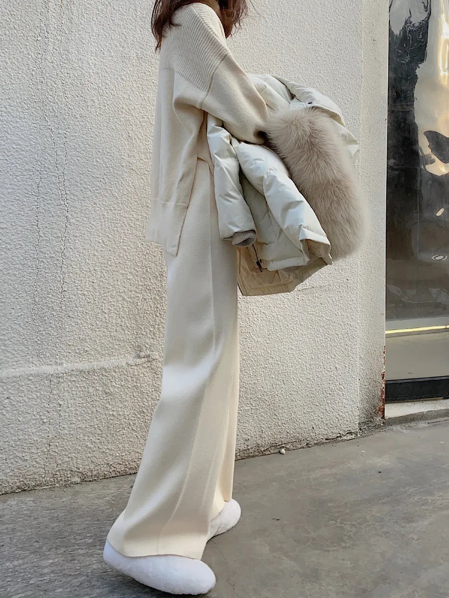 Women's cream white knitted wide-leg trousers with high waist and straight-leg drooping mopping casual style