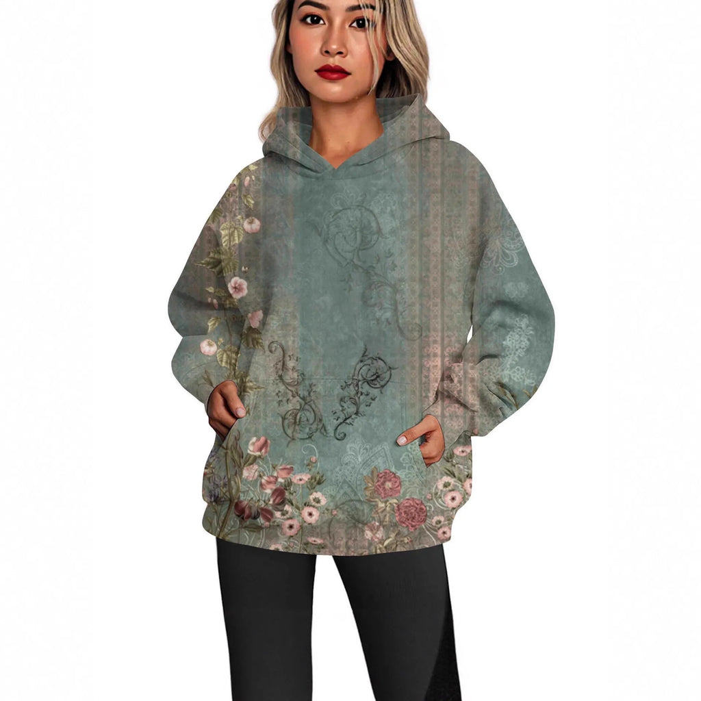 European and American ladies casual style printed hooded top in polyester, multiple colours and sizes available