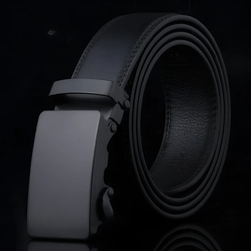 Black sliding buckle men's belt with automatic fastening and iron buckle on neutral background