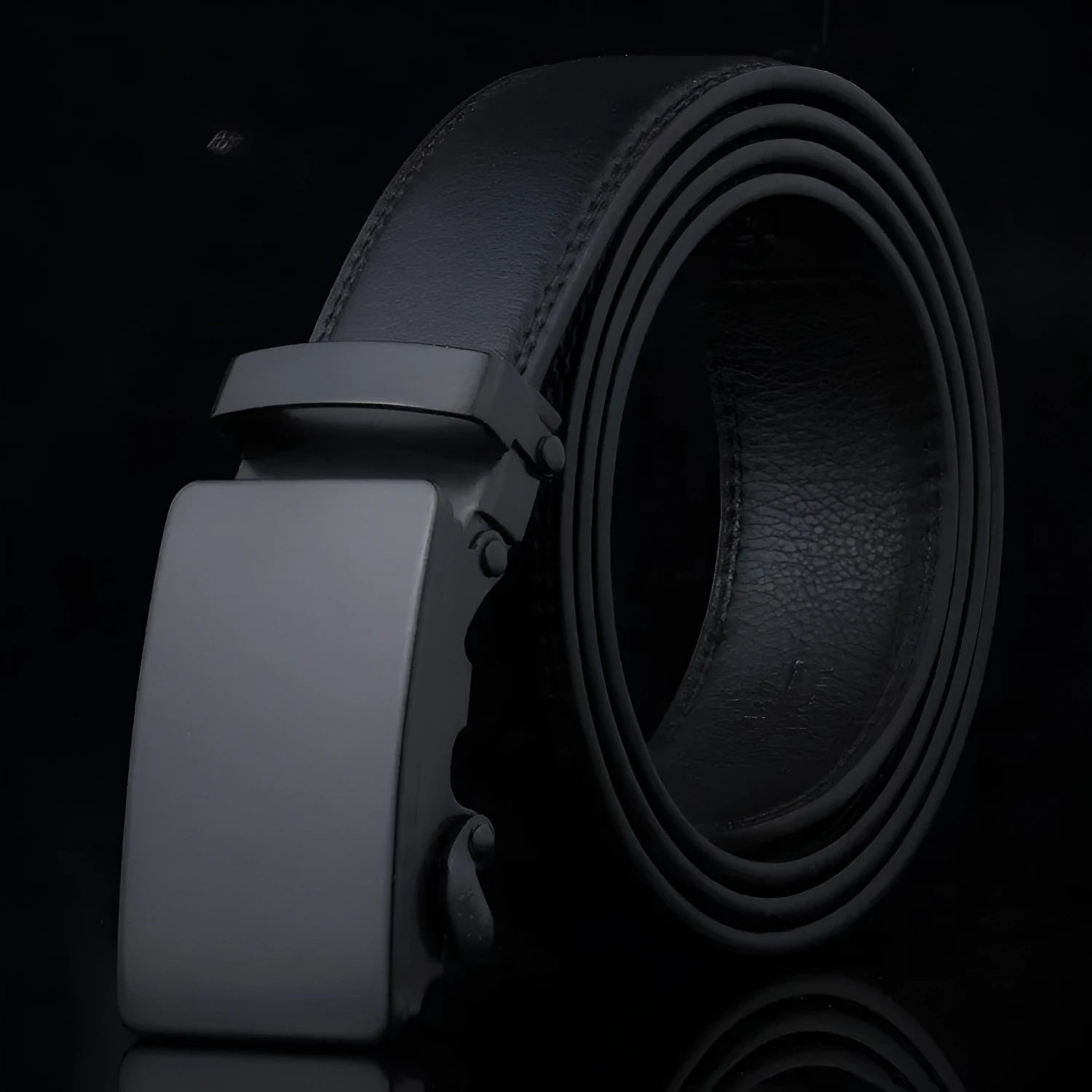 Black sliding buckle men's belt with automatic fastening and iron buckle on neutral background
