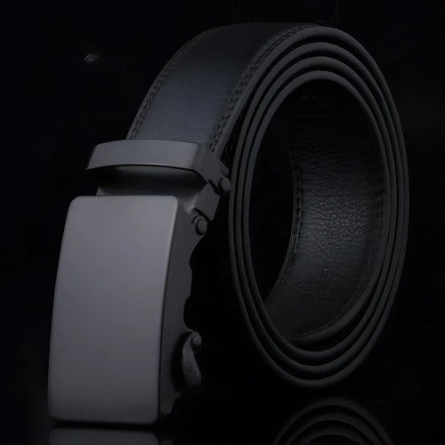 Black sliding buckle men's belt with automatic fastening and iron buckle on neutral background