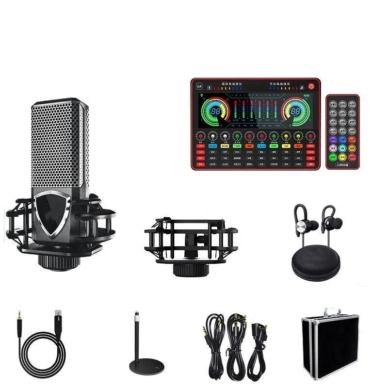 G4 professional live sound card with colour LCD screen, tuning knobs, and included microphone and cables