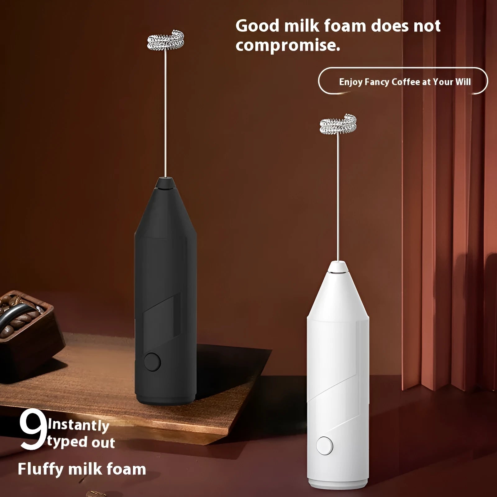 Mini handheld electric milk frother in black, white, or khaki with USB charging cable
