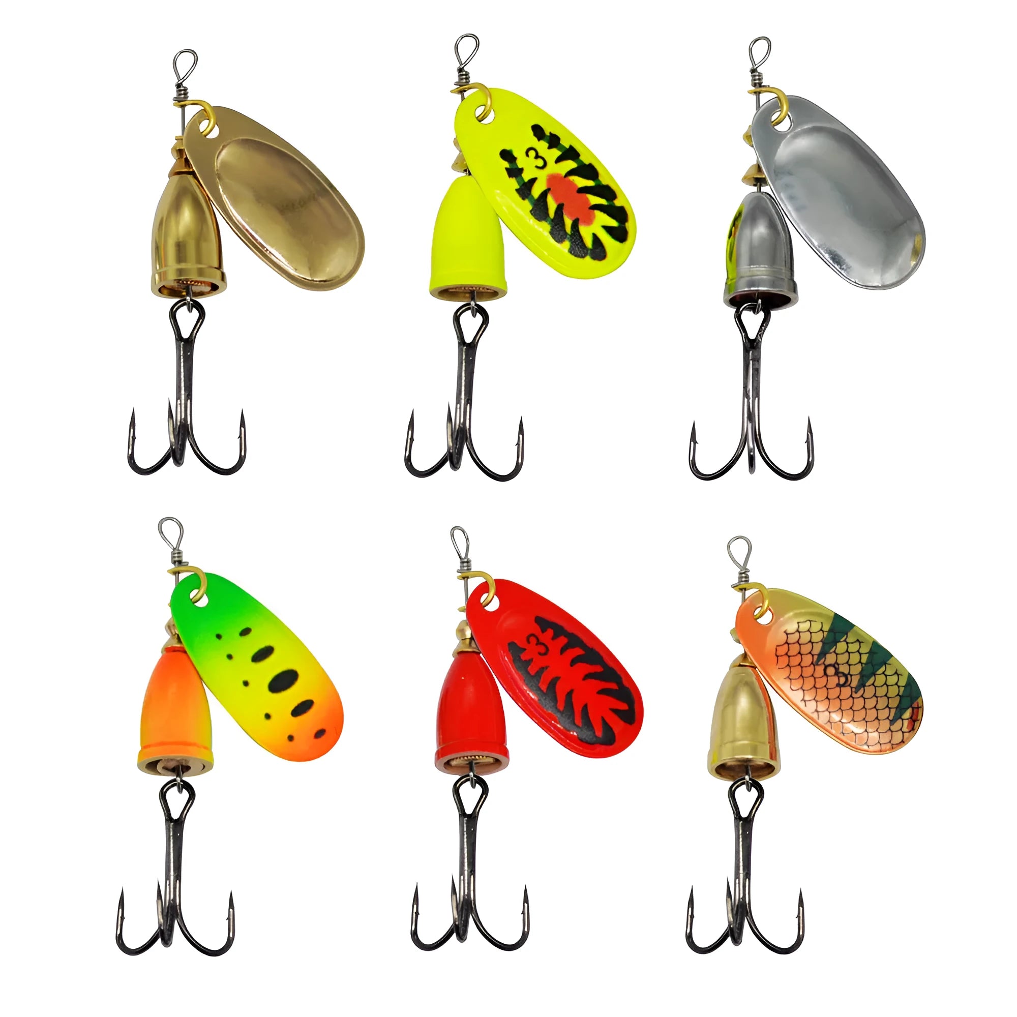 R composite rotating sequins copper bell fishing lure in seven colour options including gold, silver, and rose gold