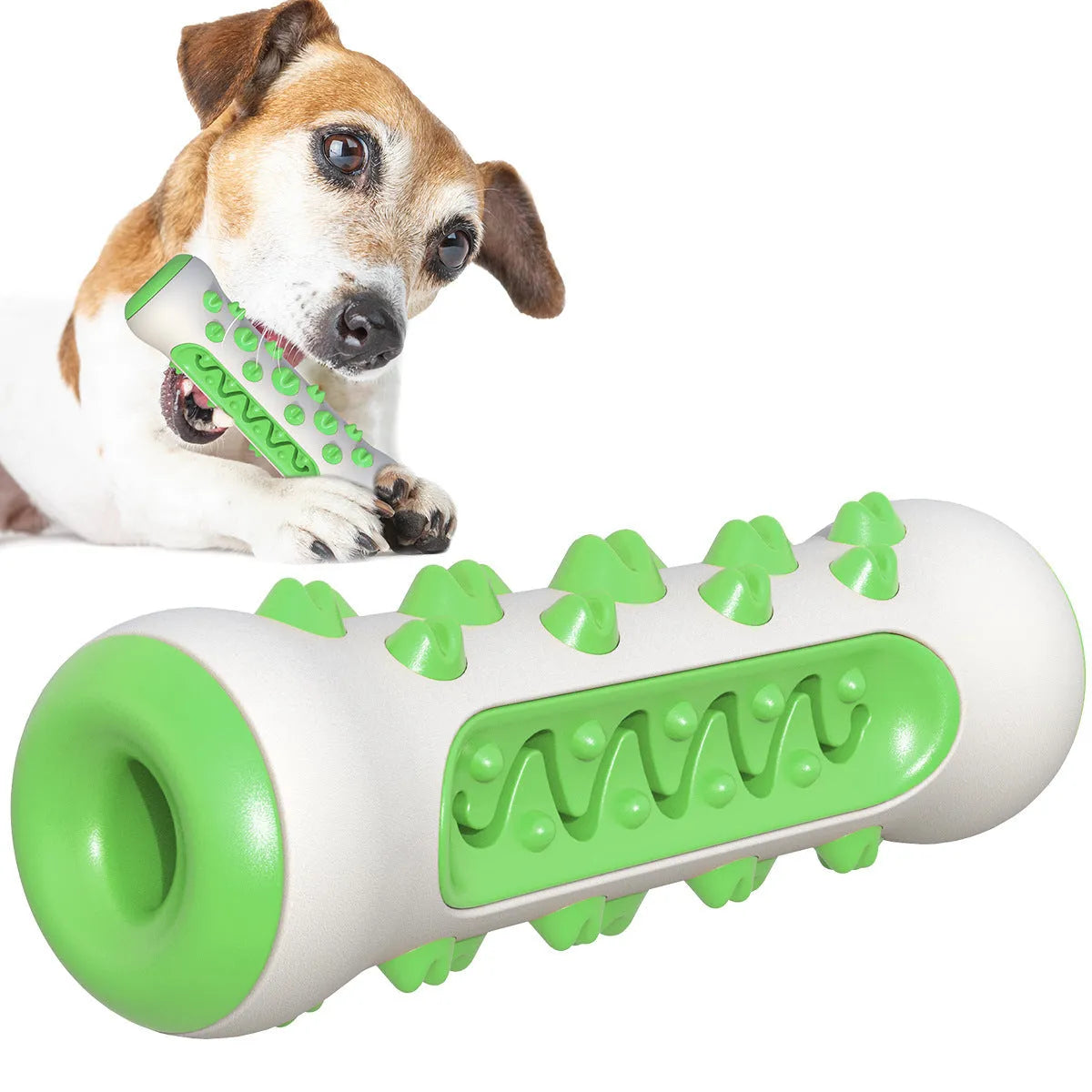 Natural rubber dog toothbrush chew toy in blue colour for dental cleaning, 15cm long.