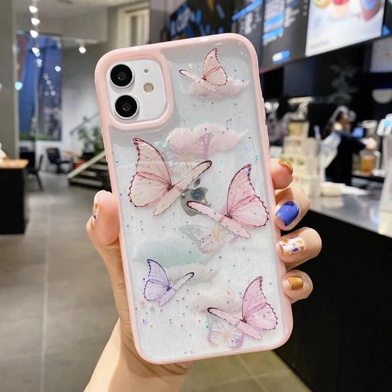Gray epoxy glitter butterfly TPU phone case for iPhone on white background