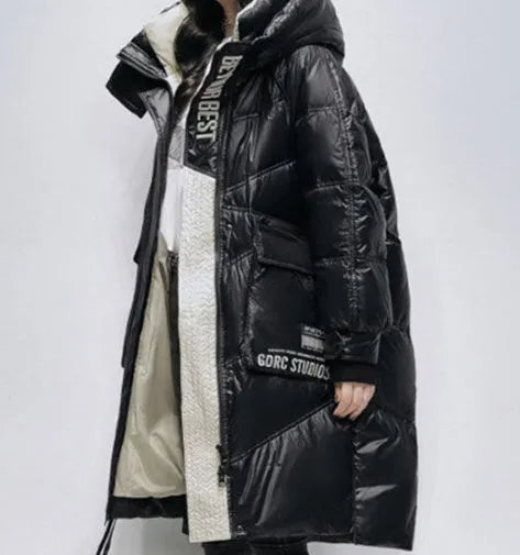 Women's ultra-thin mid-length down coat in black with long sleeves and loose fit, white duck down filling
