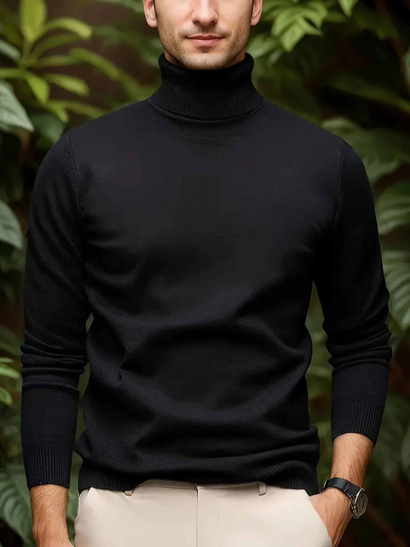 Men's solid colour soft viscose turtleneck sweater in black, front view