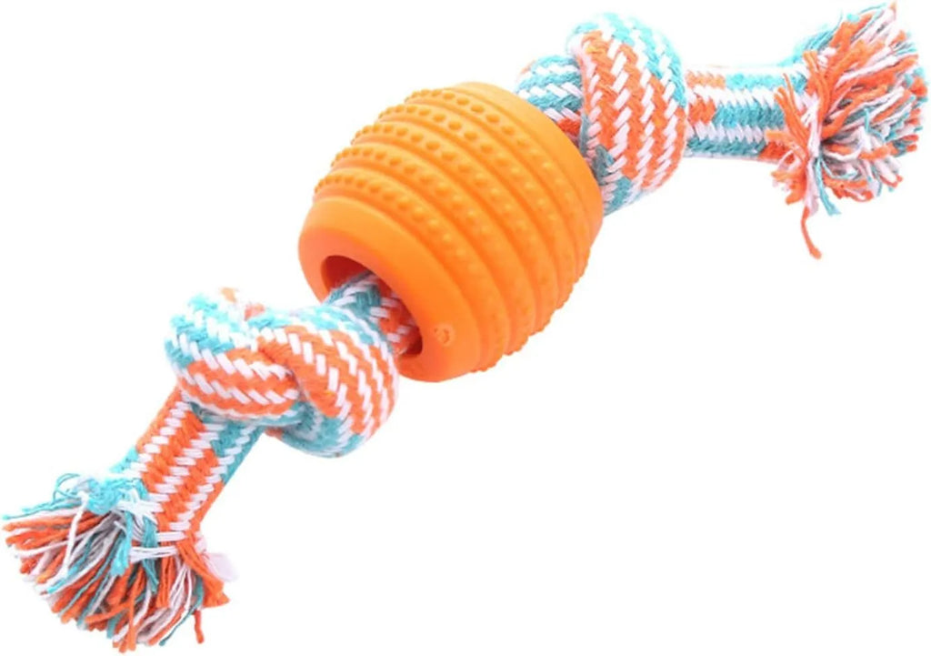 Blue dog chew toy with molar shape and rope attachment for teeth cleaning
