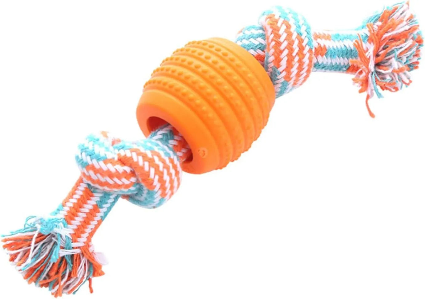Blue dog chew toy with molar shape and rope attachment for teeth cleaning