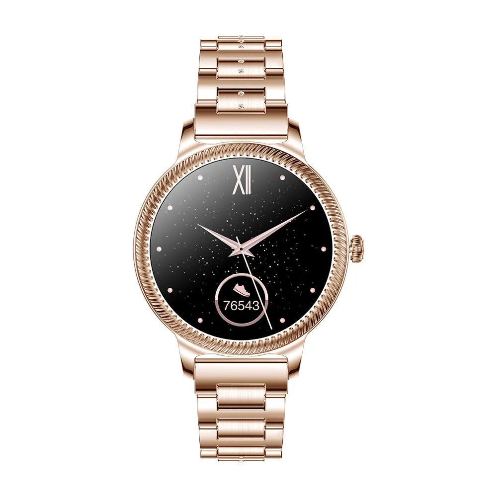 AK38 ladies smart watch with stainless steel Milanese band and 1.09-inch colour screen displaying time