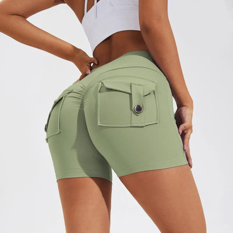 Women's high-waisted hip lifting shorts with pockets in quick-dry nylon fabric