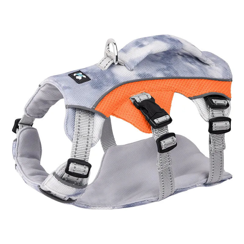 Reflective pet cooling vest chest strap in light blue, pink, dark blue, and orange colour options.