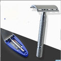 Chrome double edged safety razor with brass handle and storage box