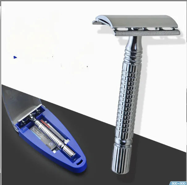 Chrome double edged safety razor with brass handle and storage box